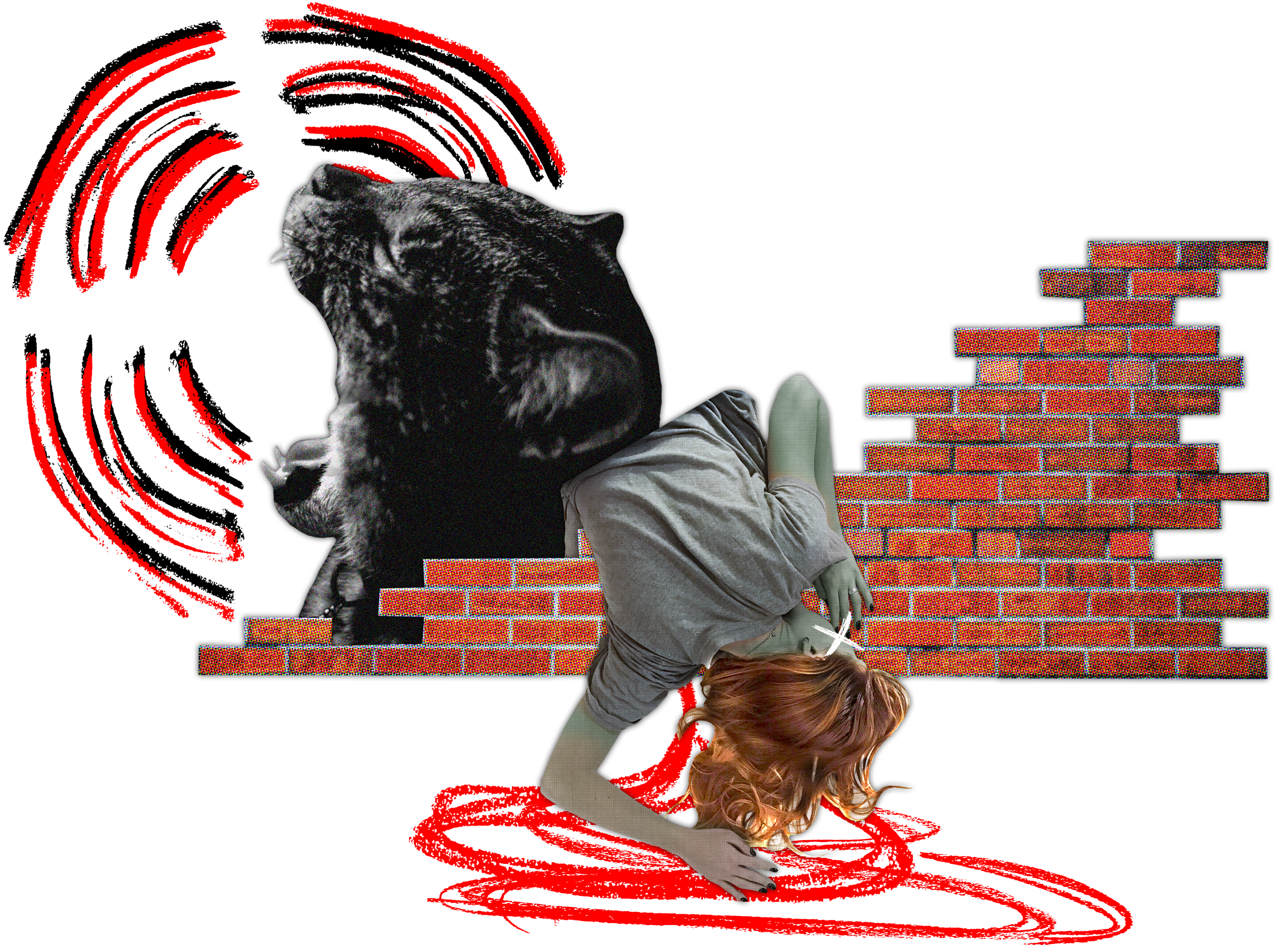 Image of Cat Screaming and Dead Woman Draped Over the Facade of a Broken Brick Wall